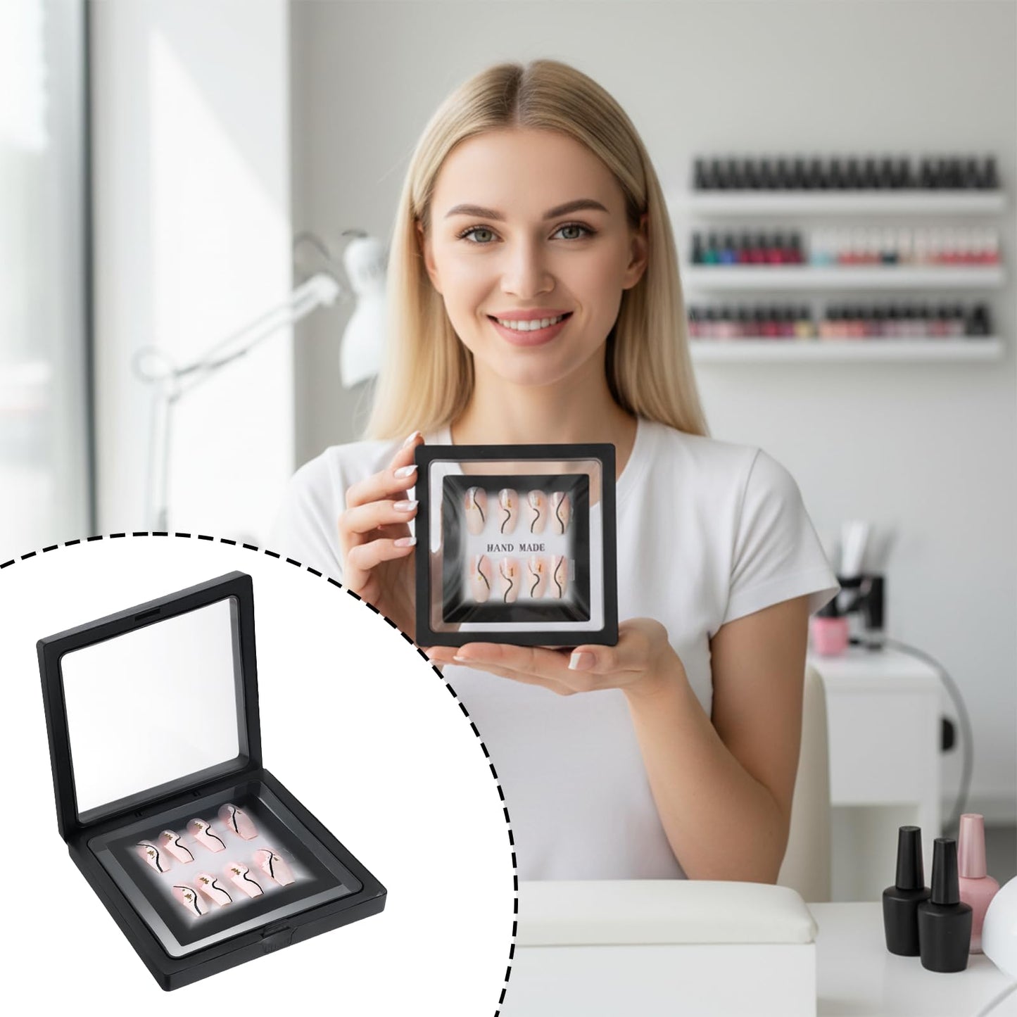 30 Pcs Press on Nail Packaging Box Set with 90 Adhesive Tapes, 3D Floating Display Case Storage Container for Artificial Nails and Jewelry Accessories (Black)