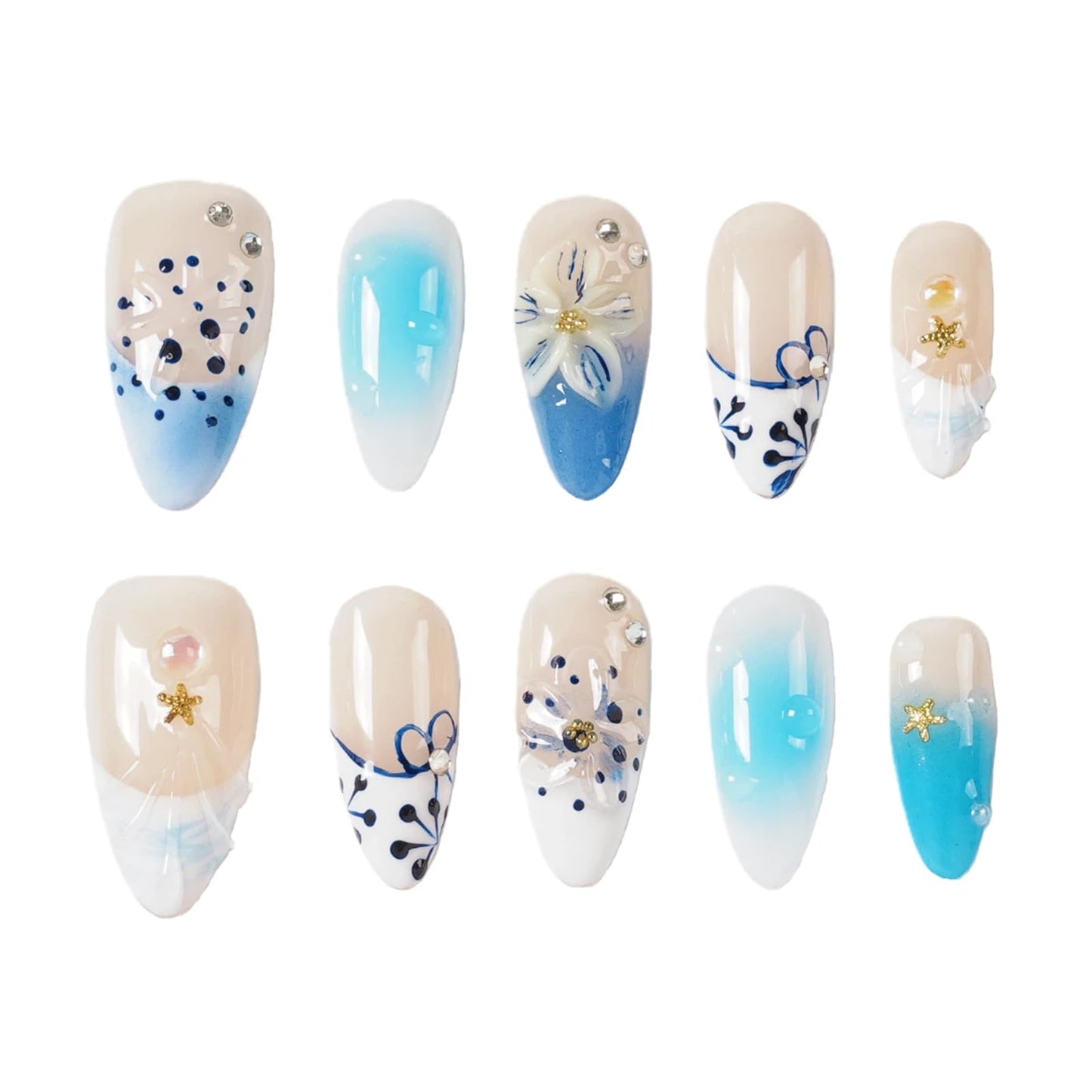 Tesytto Blue Ombre Press on Nails Medium Almond - 3D Ocean Ripple French Tip, Handmade Tropical Shell Polka Dot Flower Summer Vacation Nails (Big Island-B,M)