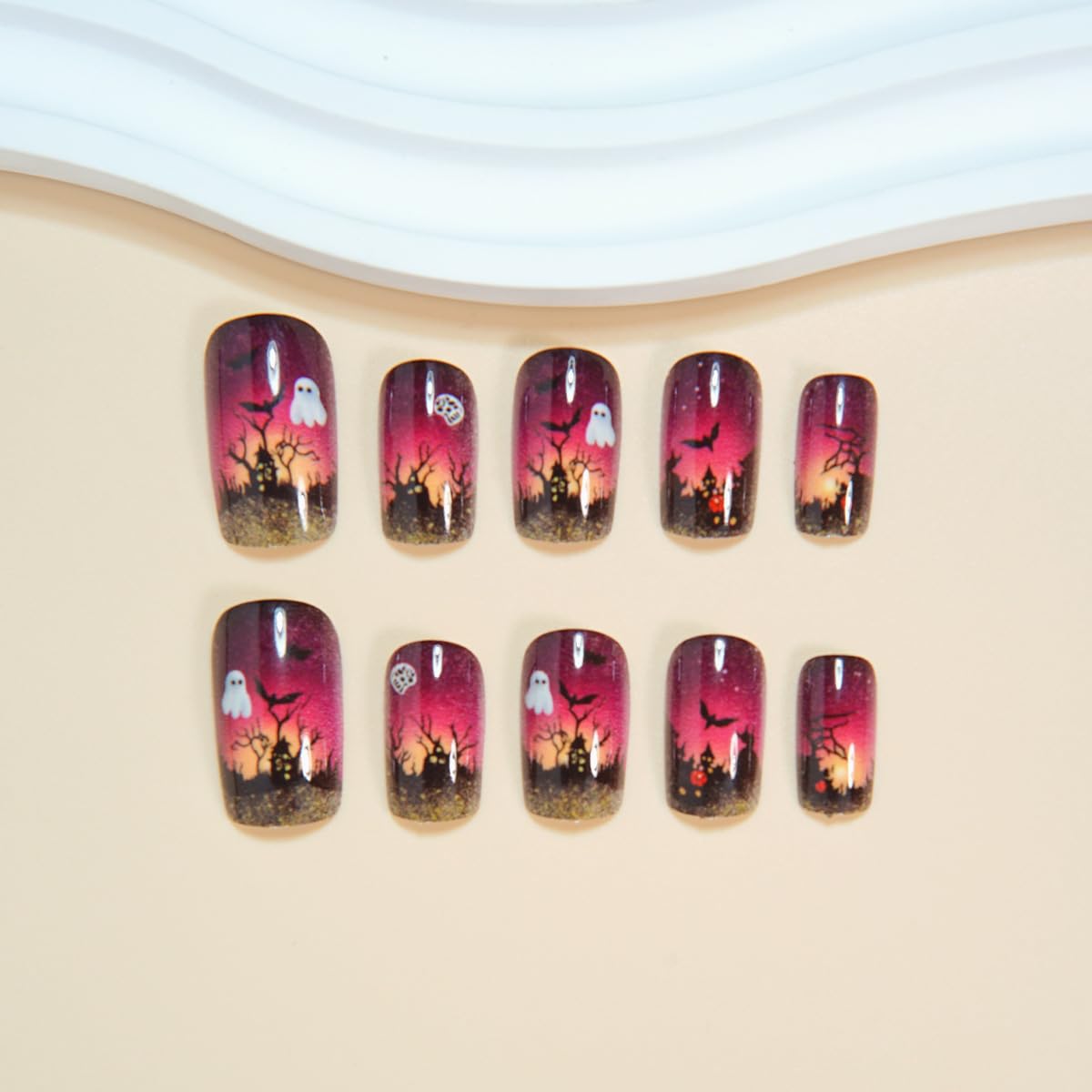 Halloween Press on Nail Short Square Ghost Fake Nails with Bat & Castle Designs Full Cover Gradient Stick on Nail Skull Pink False Nail for Women Halloween Glue on Nails Manicure Kit