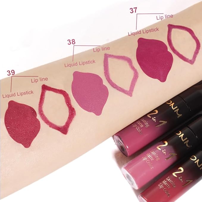 3Pcs 2 in 1 Rose Red Plum Warm Pink Deep Cranberry Lip Liner and Liquid Lipstick Stain Makeup Set for women, Long Lasting Smudge Proof Lip Tint Matte Finish Lip Gloss for All-Day Color Hold, Set14