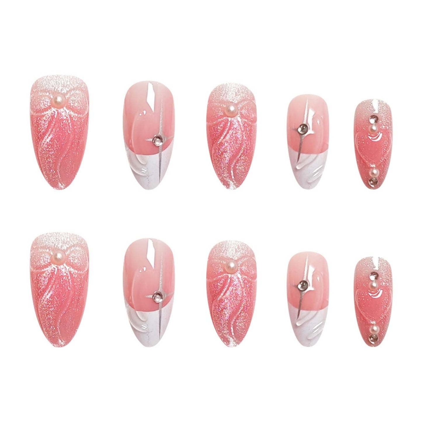 Octoswave Medium Press on Nails Almond Fake Nails French Tip Pearl Artificial Nail 3D Rhinestones Charm Stick on Nail for Women 24pcs