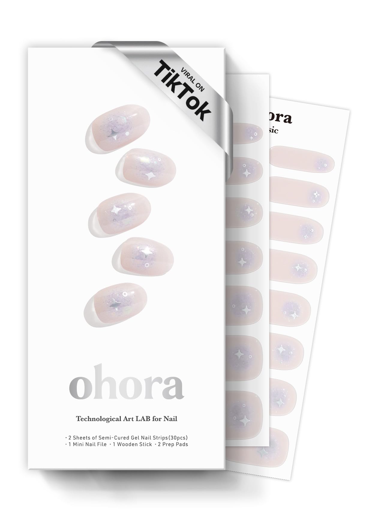 ohora Semi Cured Gel Nail Strips (N Faerie Snow) - Works with Any Lamps, Salon-Quality, Long Lasting, Easy to Apply & Remove - Includes 2 Prep Pads, Nail File & Wooden Stick