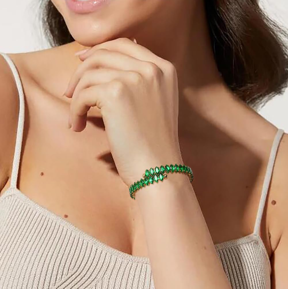 Wovanoo Rhinestone Cuff Bracelet Cubic Zirconia Tennis Bracelets Open Adjustable Elastic Bangle for Women Gold Green