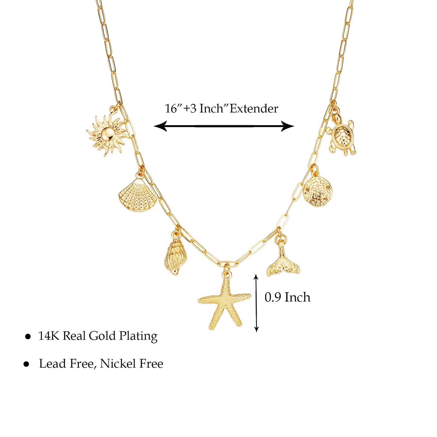 Lydow Charm Necklace for Women, Shell Beach Summer Sun Starfish Turtle Necklaces Pendant Seashell Boho Jewelry Gifts Paperclip Chain Beachy Her