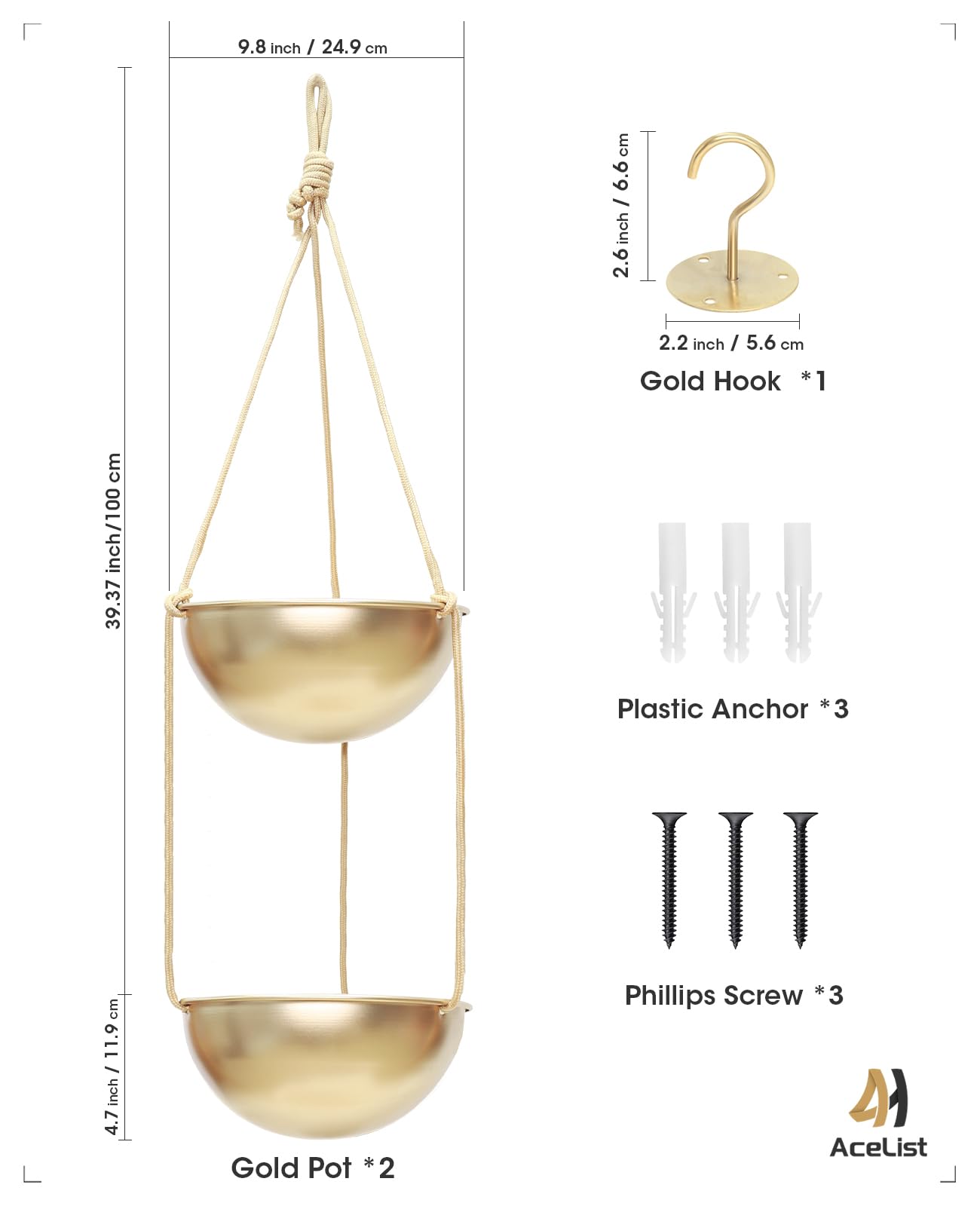 AceList 2 Pack Gold Hanging Planter for Indoor Plants - 9.8 Inch Boho Metal Plant Hanger Indoor with Hooks, Window Hanging Planters for Balcony and Ceiling