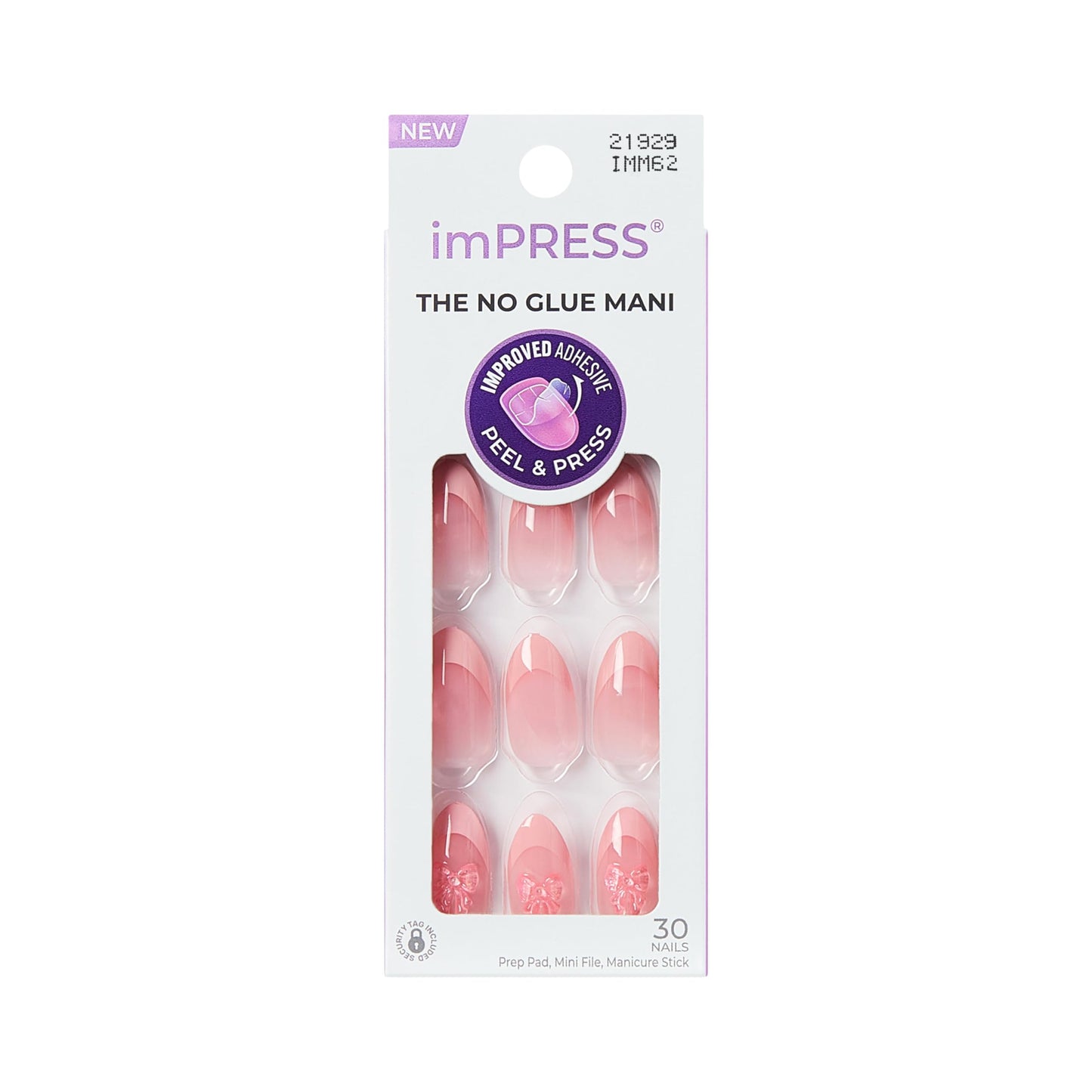 Kiss Impress No Glue Mani Press On Nails, Design, 'Glow Muse', Pink, Medium Size, Almond Shape, Includes 30 Nails, Prep Pad, Instructions Sheet, 1 Manicure Stick, 1 Mini File