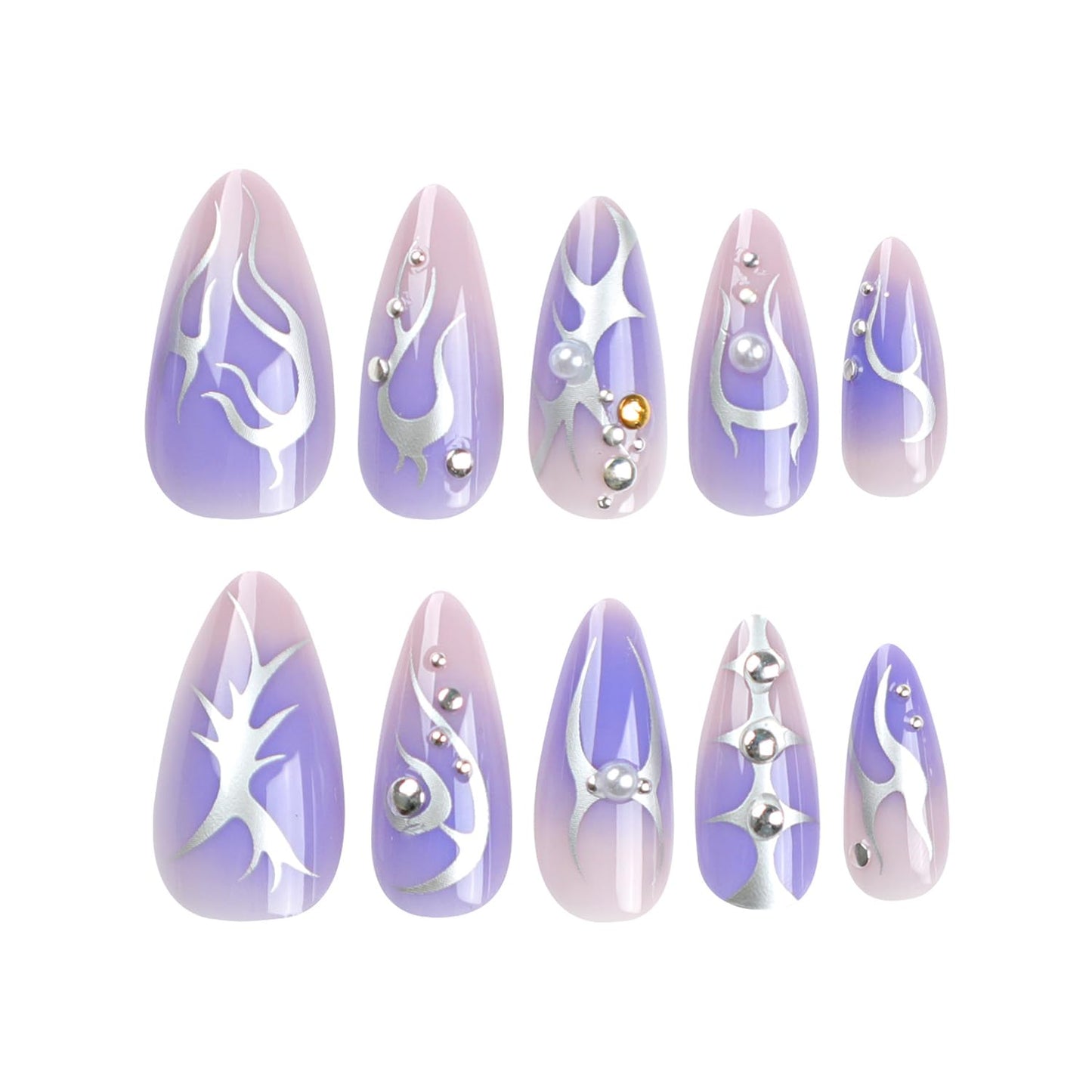 24 Pcs Purple Press on Almond Fake Nails - Pearl Designs, Glossy Full Cover Stick on Nails for Women