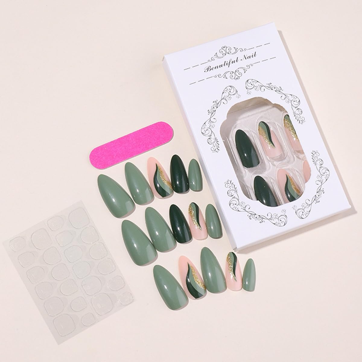 CTTHNBD Press on Nails Green - Medium Almond Fake Nails with Gold Foil Design - Christmas, Glossy Full Cover Stick on Nails - for Women 24 Pcs