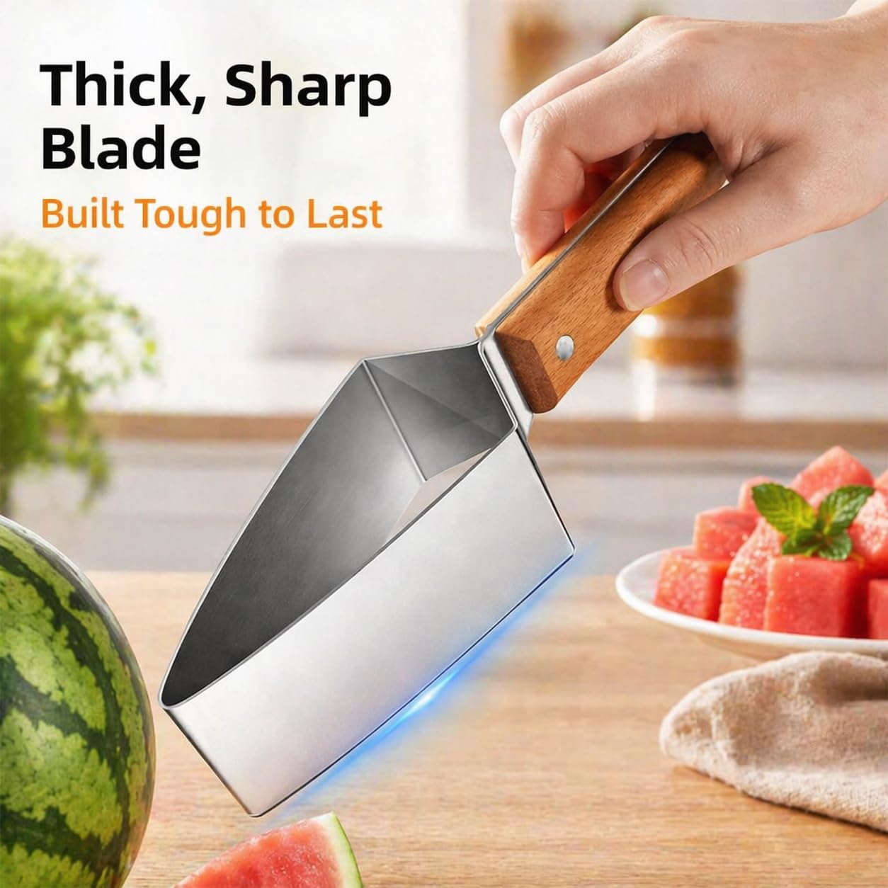 Stainless Steel Watermelon Slicer, Triangle Watermelon Cutter with Wooden Handle, Multi-Use Kitchen Fruit Cutter Tool for Watermelon, Cantaloupe, Honeydew, Apples and More (1Pcs)
