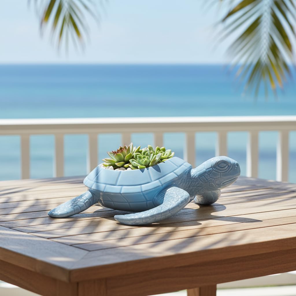 Comfy Hour 9" Sea Turtle Figurine Style Succulent Planter, Decorative Animal Flower Pot for Cactus and Small Plants, Ocean Theme Home Decor Statue (Light Blue)