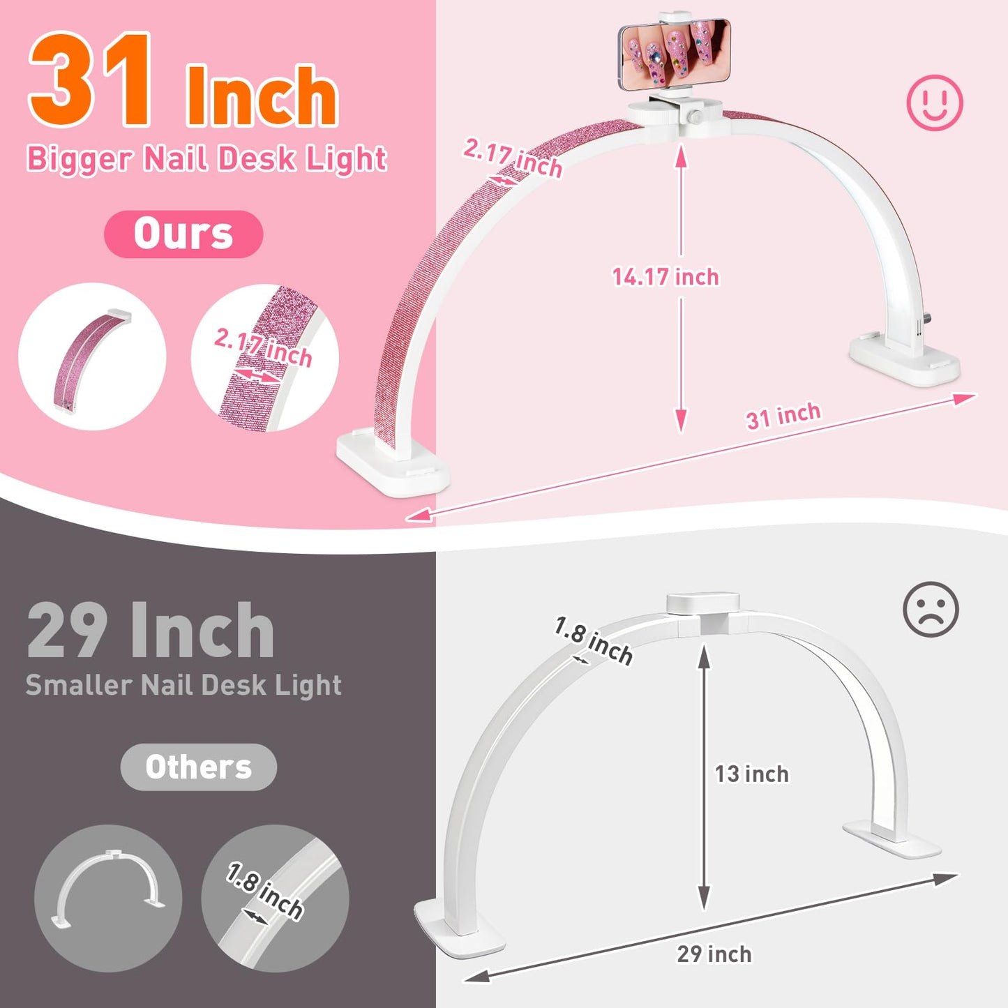 HITTI Super Large 31in Half Moon Light for Nail Desk, Foldable Arch Light for Nail Tech Lamp with Phone Stand, LED Table Lamp for Manicure, Handicraft, Art, Eyelash Extension (Crystal Diamond) -White