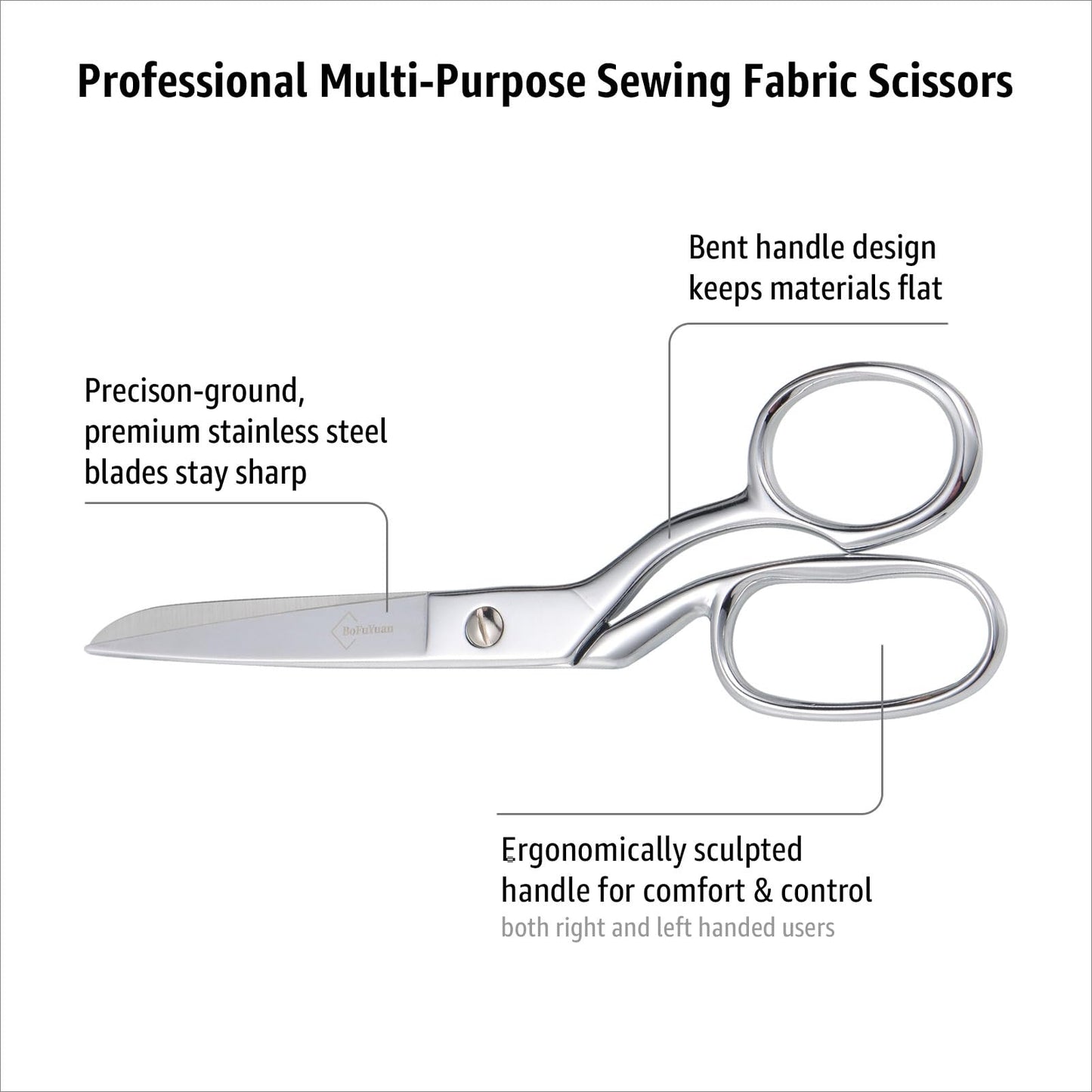 BoFuYuan Professional Stainless Steel Fabric Scissors, 8-Inch Heavy Duty MultiPurpose Tailor Sewing Scissors for Fabric Cutting, Leather, Craft, Sharp Precision Shears Blades, Ergonomic Comfort Grip