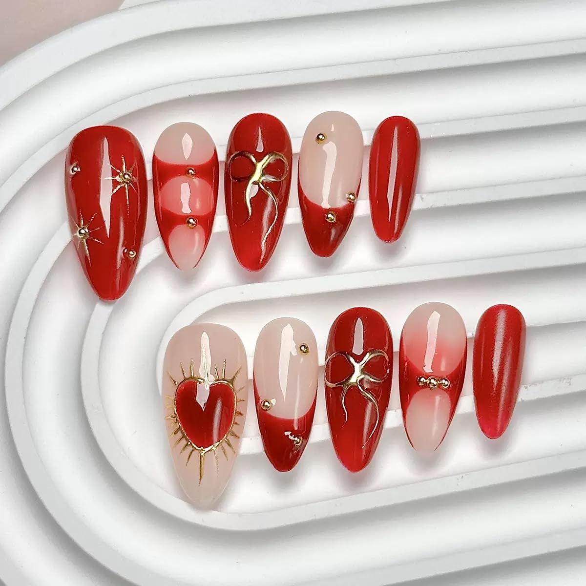 Red Press on Nails Almond - Handmade Fake Nails with Heart Bow Design - Medium, French Tip False Nails for Women - (Size M)