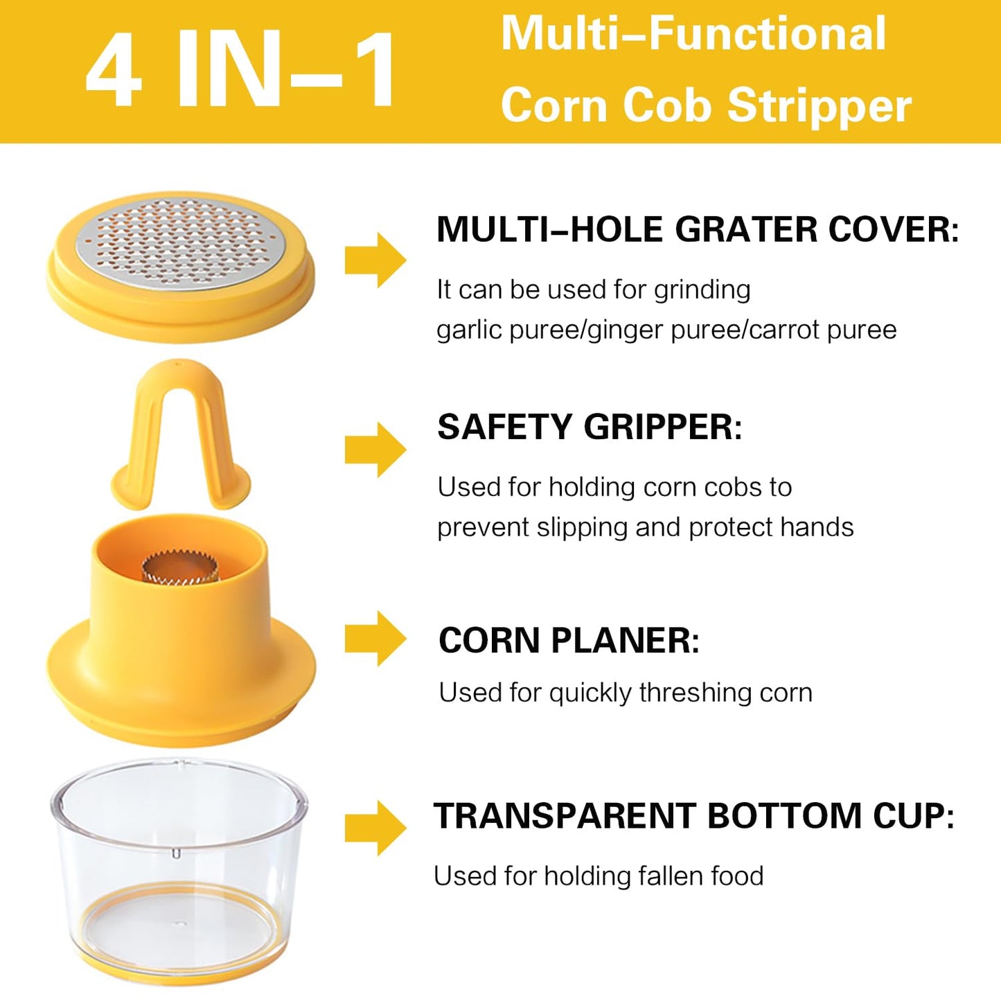 AACGIN Corn Cob Stripper, Corn Peeler for Corn on the Cob, Quick Corn Cutter Tool, Corn shucker off the Cob with Bowl & Safety Handle [Yellow]