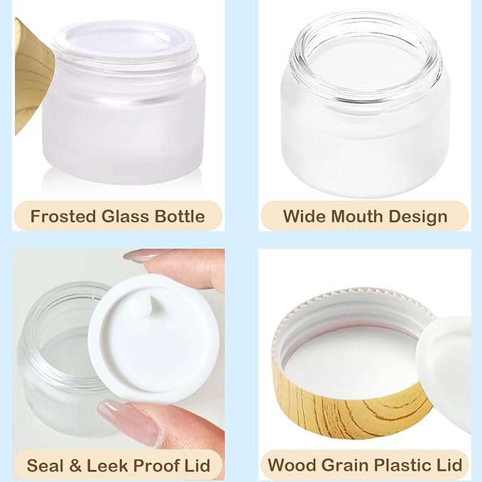 1/2 oz Glass Jars with Lids 6Pcs Frosted Glass Lip Balm Containers Cosmetic Containers Cream Box for Lotion Cream Lip Balm Eyeshadow, Spatulas,Stickers