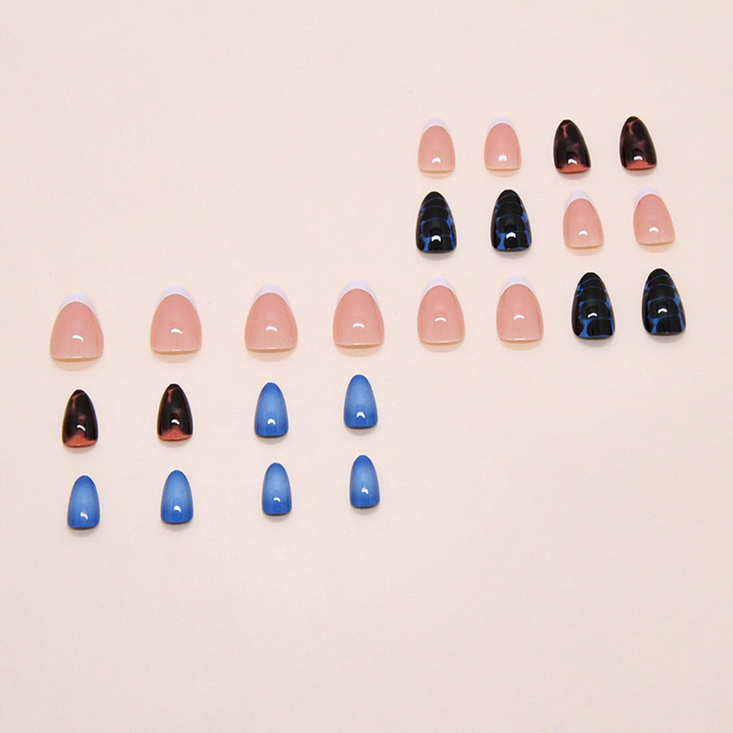 IMSOHOT Oval Press on Nails Short Fall Fake Nails Blue Ombre, Brown Amber Designs Glossy Round Acrylic Glue on Nails French Tips False Nails