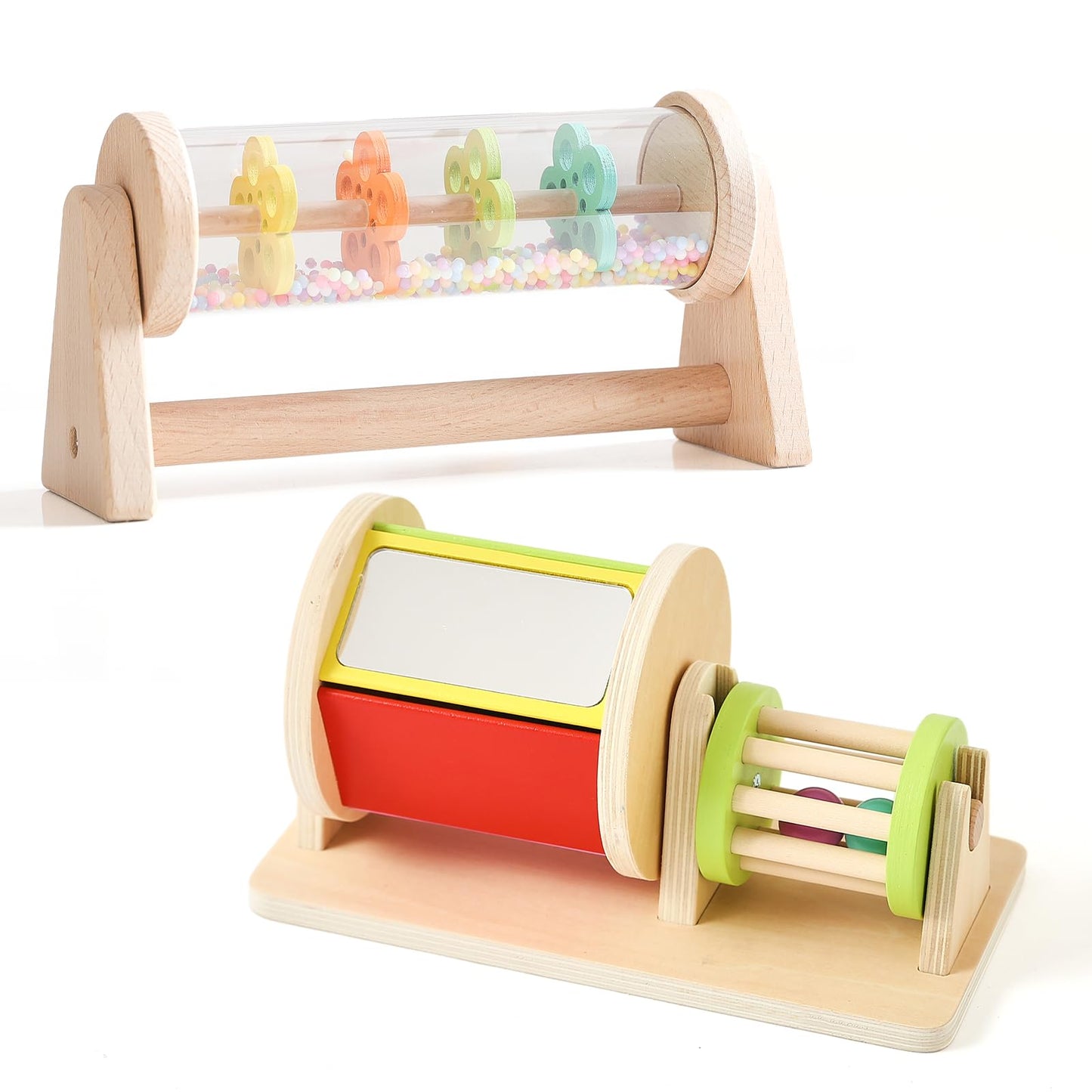 IEATFO Tummy Time Toys - Rain Stick Toy with Stand, Sensory Sound Training Tool for Kids - Wooden Spinning Drum & Rolling Rattle Combo