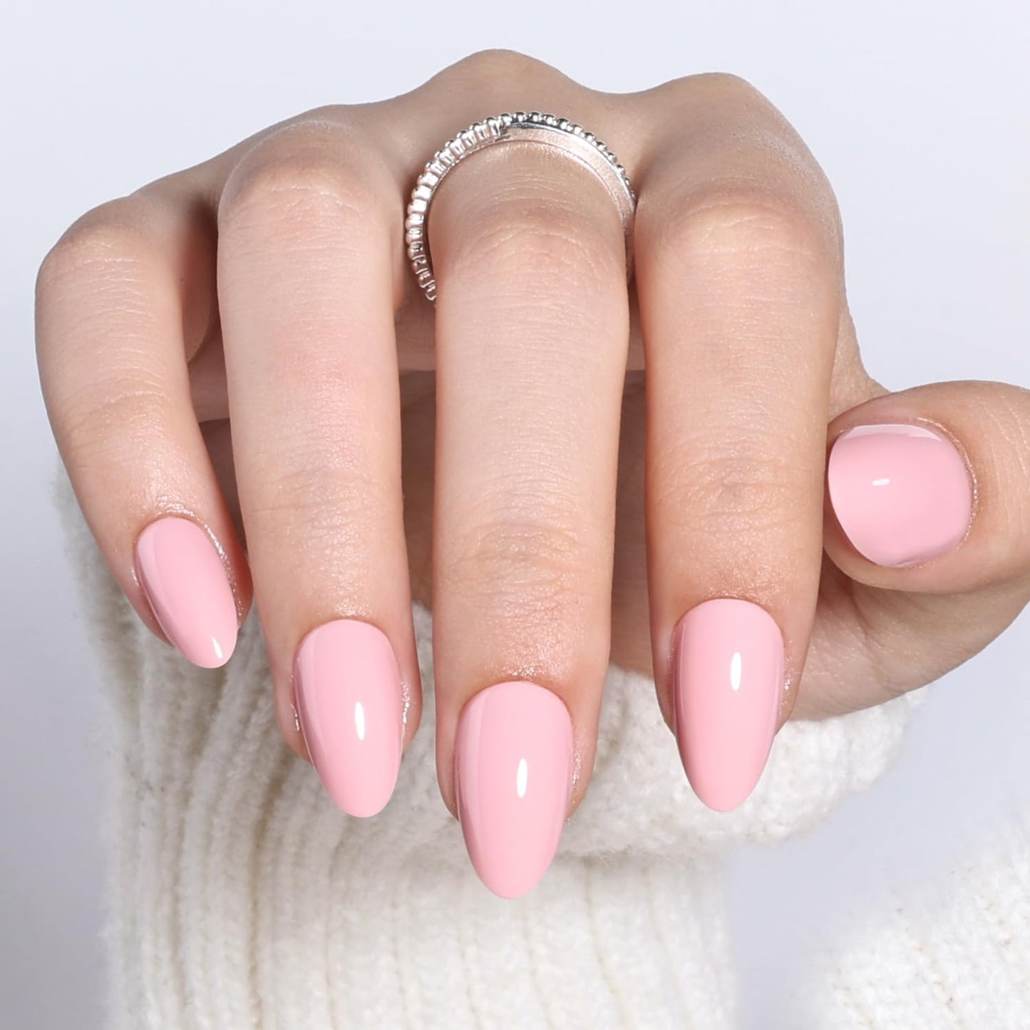 Leefrei Soft Pink Press On Nails Short Almond - Glossy Fake Nails Press ons, Reusable Glue On Nails for Women, 16 Sizes 32 Pieces Nail Kit with Glue, Soft Pink