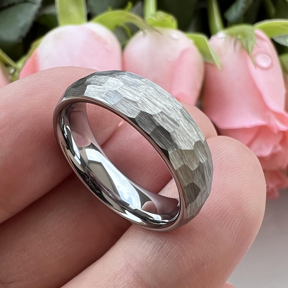 TUTISS 6mm Hammered Tungsten Rings for Men Women Fashion Engagement Wedding Bands Domed Matte Finish Comfort Fit Size 9