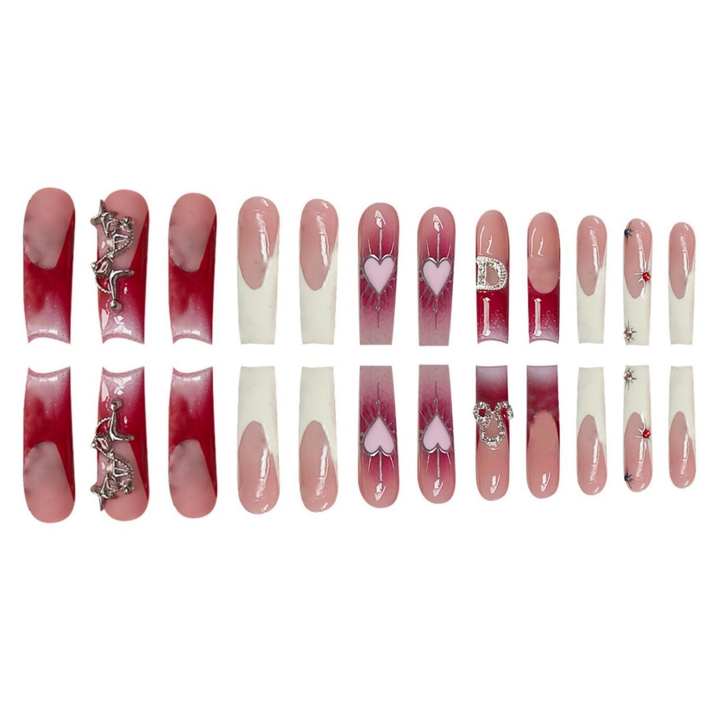 Long Press on Nails Square Fake Nails Pink Gradient Artificial Nail Heart and Silver Charm Designs Extra Long Stick on Nail for Women 24pcs