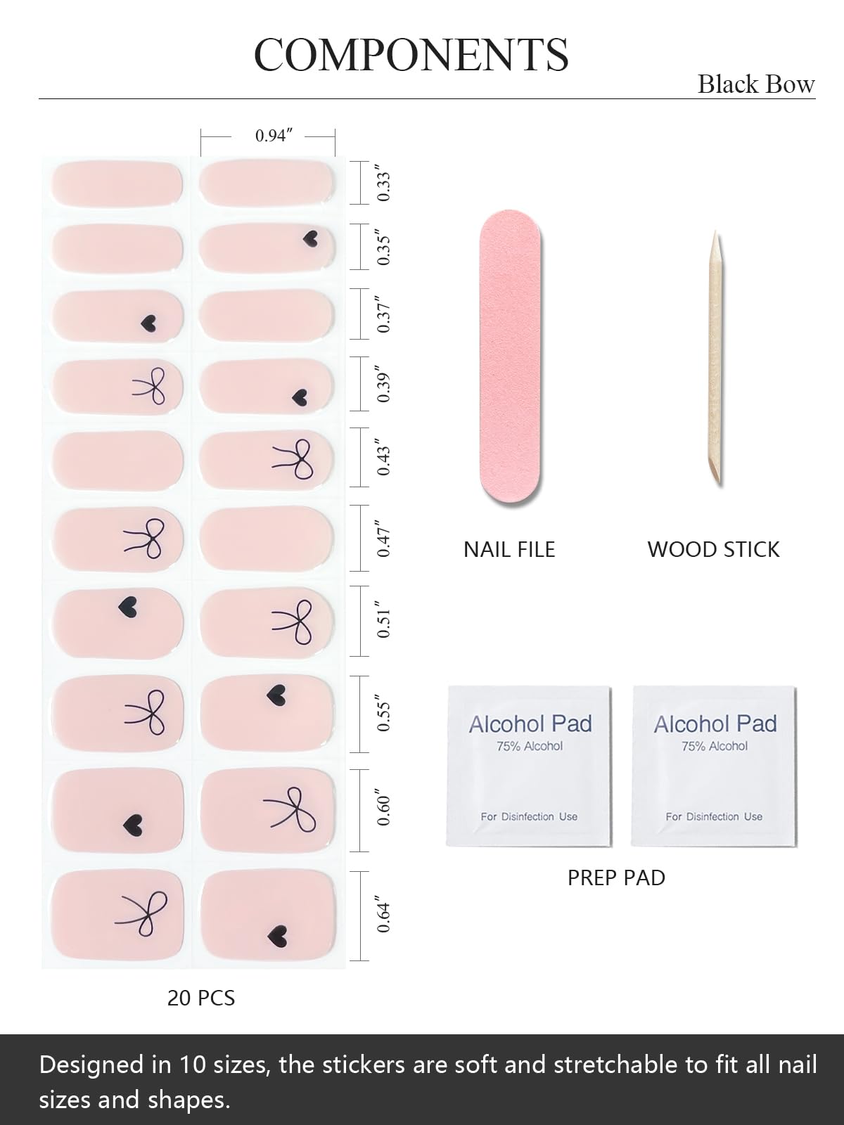 AutyaMee Semi Cured Gel Nail Strips (Black Bow), Jelly Nude, 20 Pcs Gel Nail Wraps, Stickers, UV Light Required, Salon Quality, Long Lasting