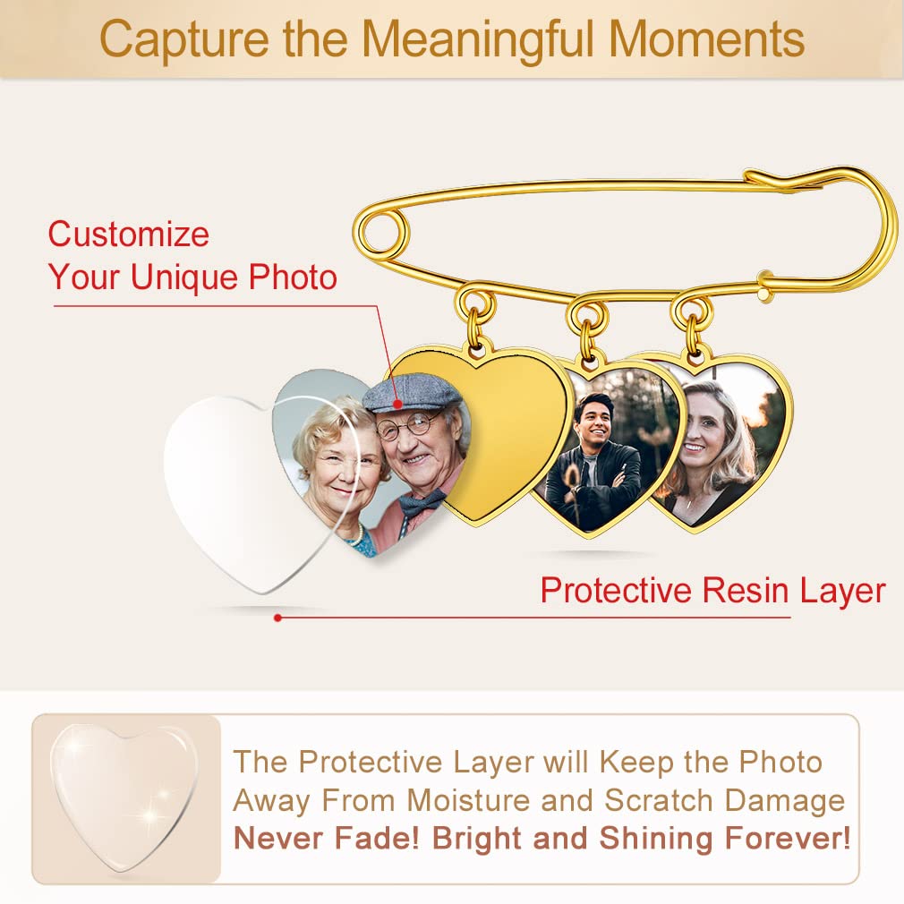 Custom4U Wedding Charms for Bouquet Custom 3 Picutres Customized Photo Pins Heart Shaped Memory Charm Funeral Boutonniere
