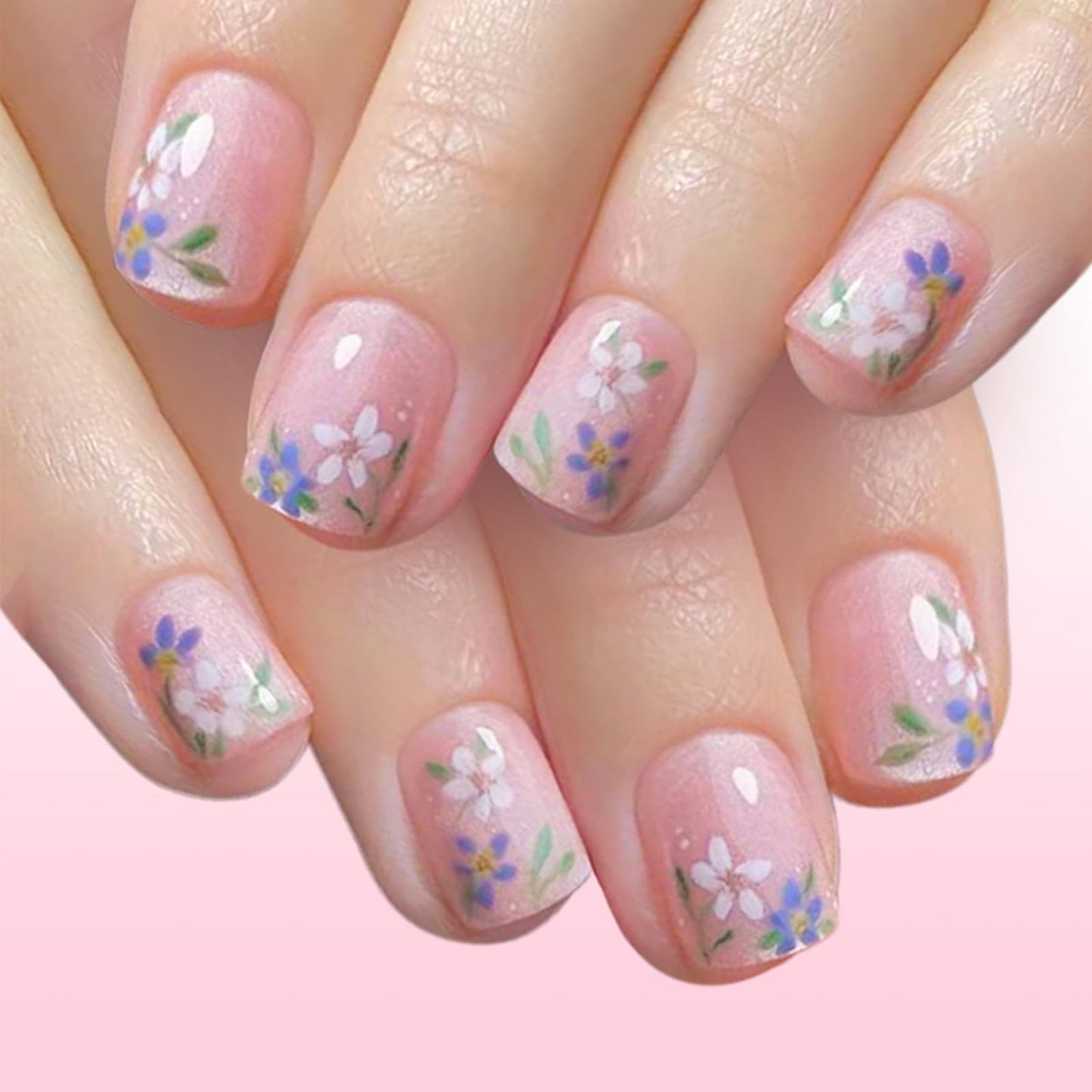 24 Pcs Glossy White Polka Dots Glue on Artificial Fingernails Green Leaf Press on Nails Flower Acrylic False Nail Wild Flower Stick on Nail HZJXRT Short Square Fake Nails for Coquette Women Gift