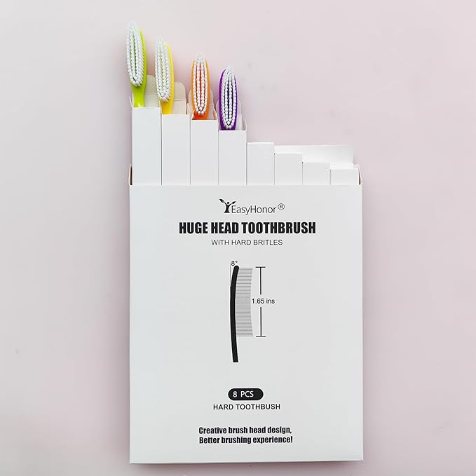 EasyHonor Huge Head, Big Giant Head Toothbrush, Hard & Firm bristles BPA Free for Proper Dental Care, White Hard Bristles.(8pcs)