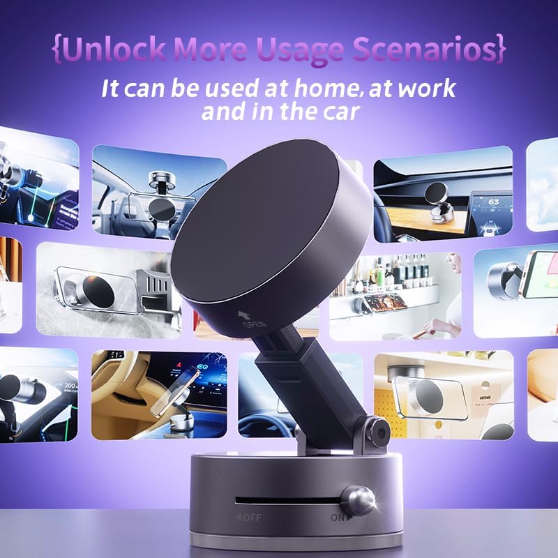 Magnetic Phone Holder for Car, [360° Rotatable] Phone Mount with Strong Suction Cup & Retractable Stand, Foldable Phone Holder for iPhone 16/15/14/13 and All Smartphone (Black)