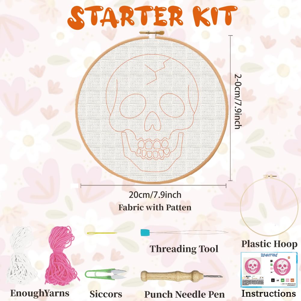 BEUNITONE Pink Skull Head Punch Needle Kit for Adults Beginners, Complete DIY Craft Needlepoint Kits with Hoop, Punch Needle Starter Craft Embroidery Set for Festival Gift and Cloth Home Decor 20x20cm