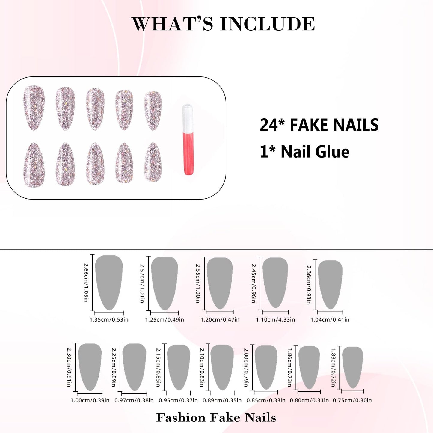 IMRAIN Glitter Press on Nails Medium Almond Pink Fake Nails Glossy Glue on Acrylic Nails Full Cover Sparkling Artificial False Nails for Women Girls 24Pcs