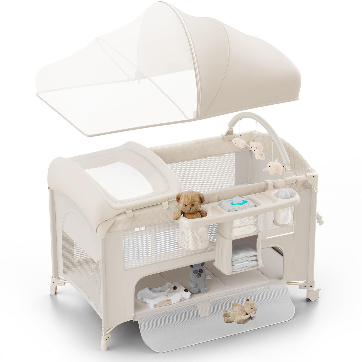 Obee Odee 4 in 1 Baby Bassinet, Pack and Play, Bedside Crib Sleeper, Diaper Changer - Comes with Mattress, Mosquito Net, Bottom Storage and Toy Bar for Newborn to Toddles
