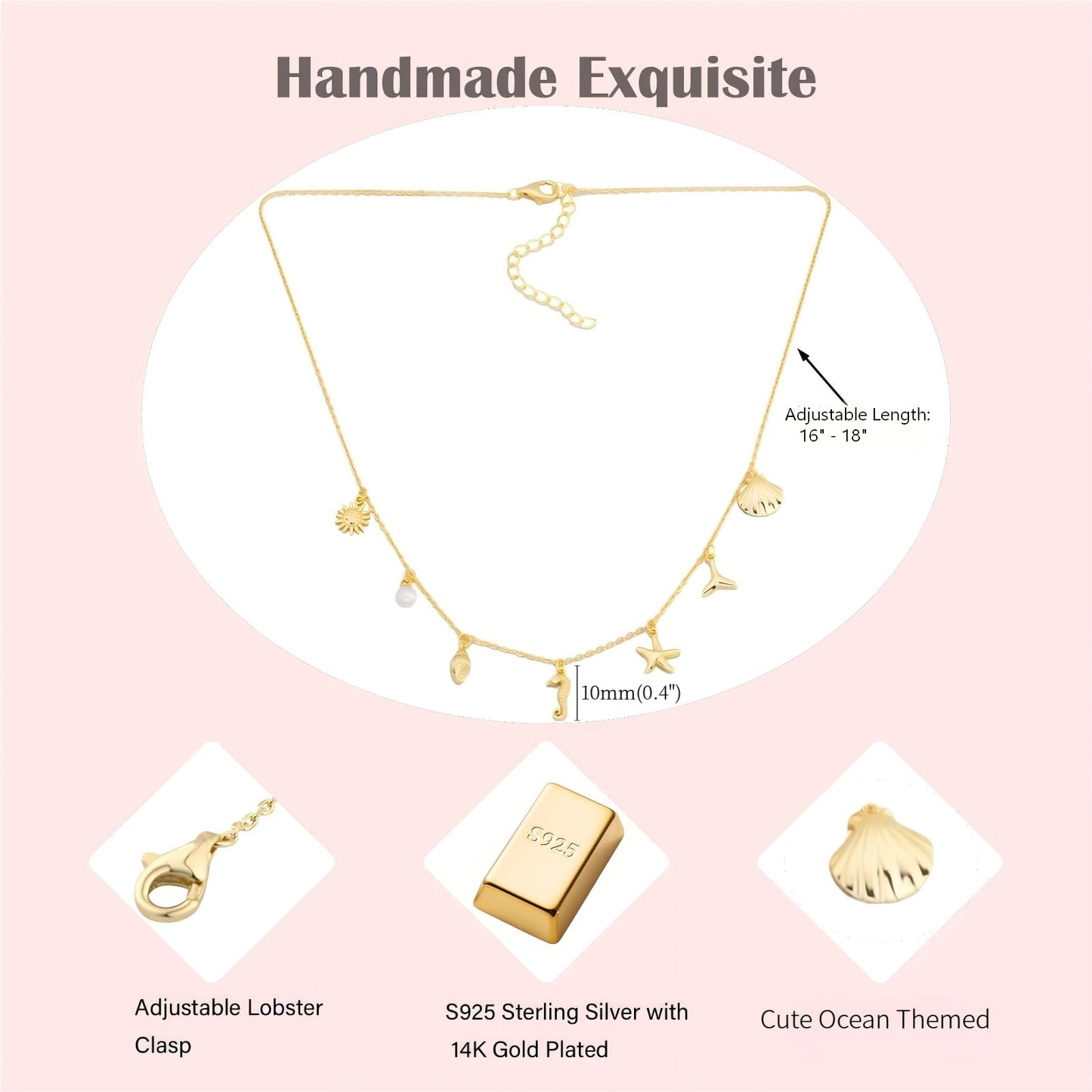 Ocean Charm Necklace for Women - 14K Gold Plated Sterling Silver with Shell Starfish Seahorse Pearl Whale Tail Charms, Adjustable 16-18 Inch Chain, Delicate Beach Jewelry