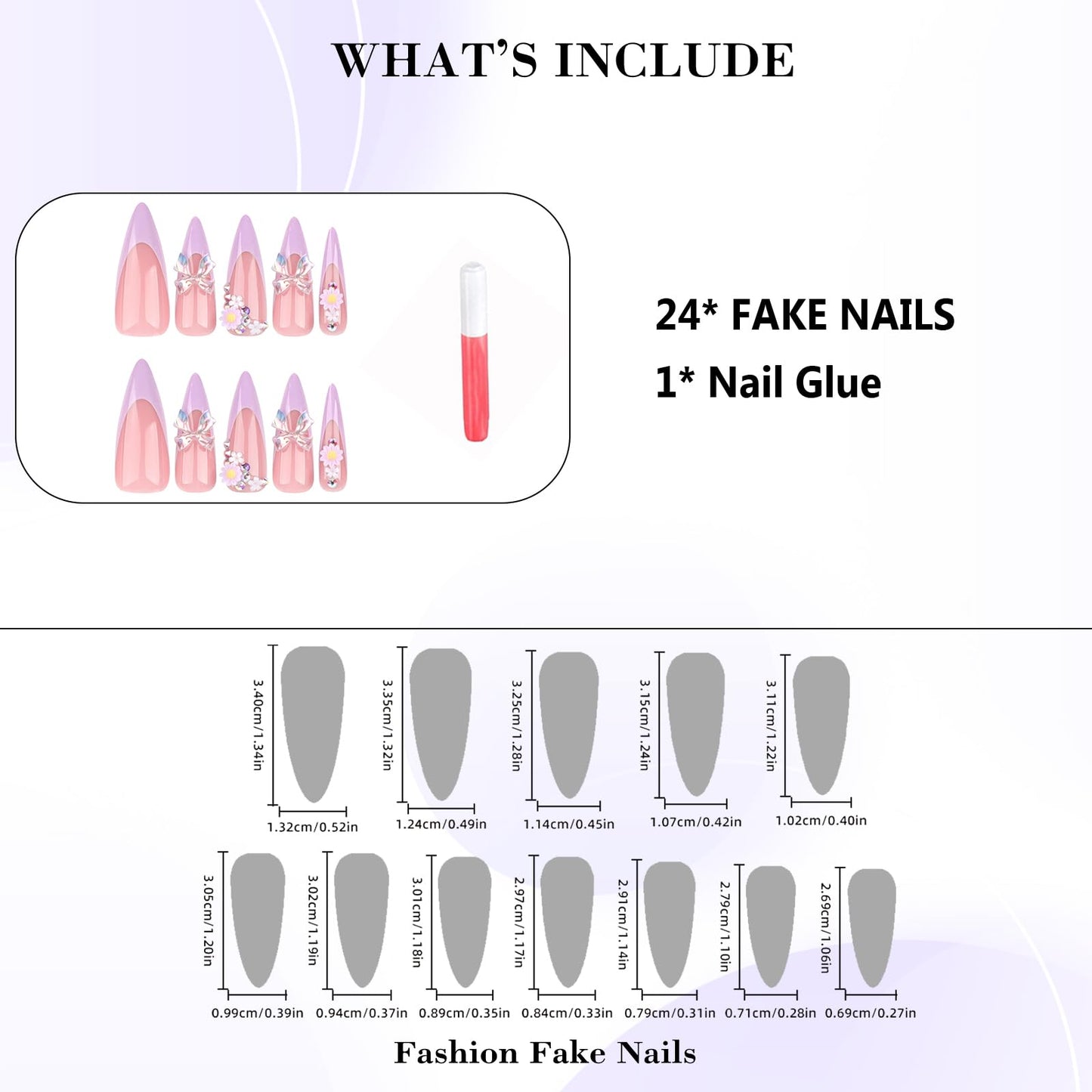 IMRAIN Long Press on Nails Stiletto Purple French Fake Nails Tips Full Cover Spring Glossy Artificial Nails Press ons Bow & Flower Stick on False Nails for Women 24Pcs