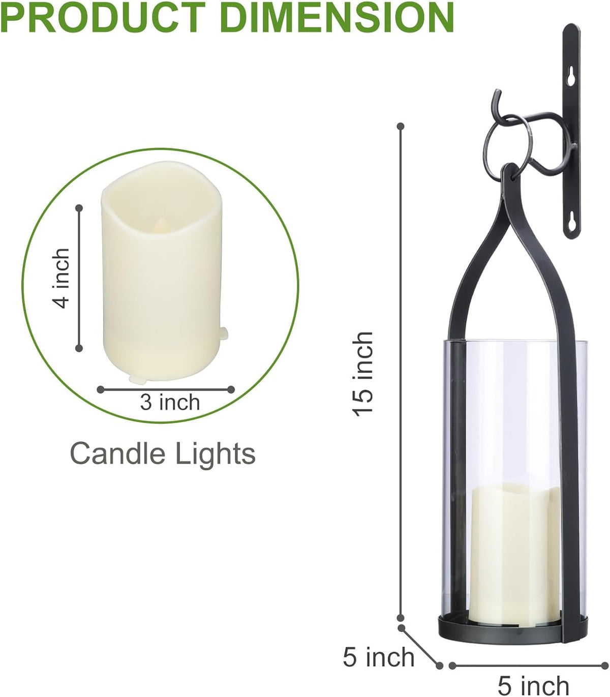 Metal Wall Sconce Candle Lantern Set of 2 - Black Wall Mounted Hanging Holder with Glass & Candles Vintage Wall Decor for Porch, Living Room, Dining Room, Bedroom Indoor Decor