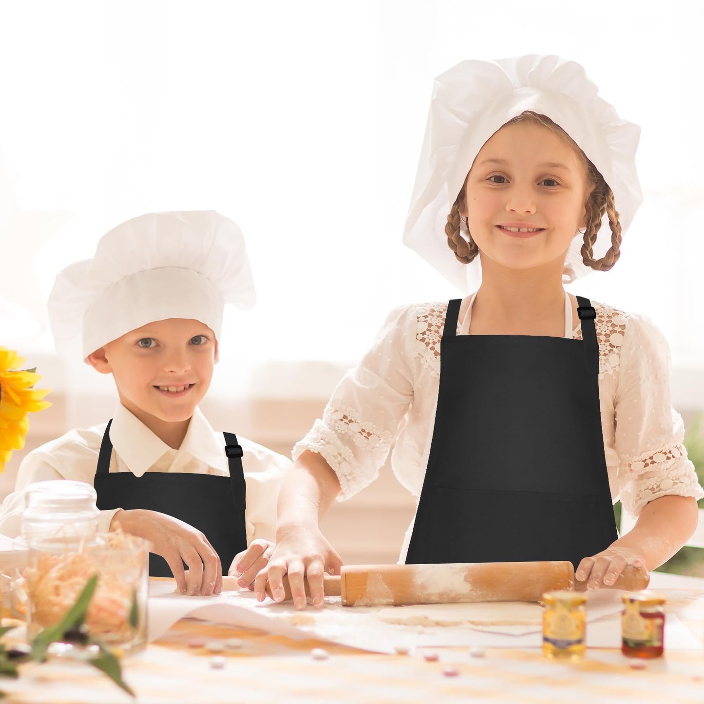 Morcheiong 12 Pack Adjustable Kids Apron Bulk with 2 Pockets Toddler Apron Kids Painting Aprons for Cooking Baking Painting Boys Girls (Black)