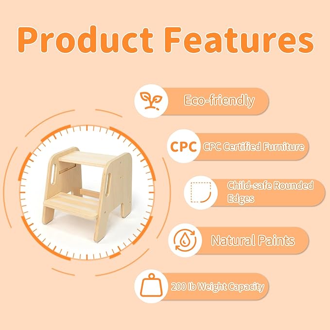 WOOD CITY Toddler Step Stool, Wooden 2 Step Stools for Bathroom Sink Potty Training Kitchen Dual Height Stool Helper for Kids Bonus Non-Slip Pads and Handles for Safety (2 Pack Natural)