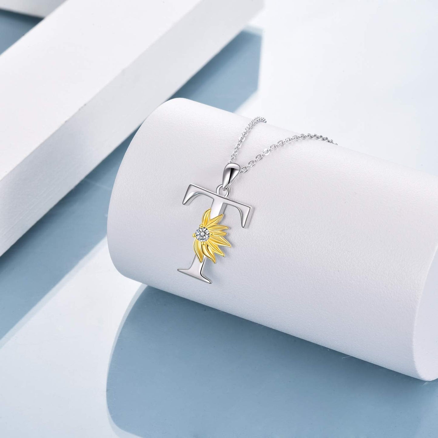 POPLYKE Sterling Silver Initial Alphabet Letter T Script Name Pendant Chain Necklace for Women for (Sunflower T)