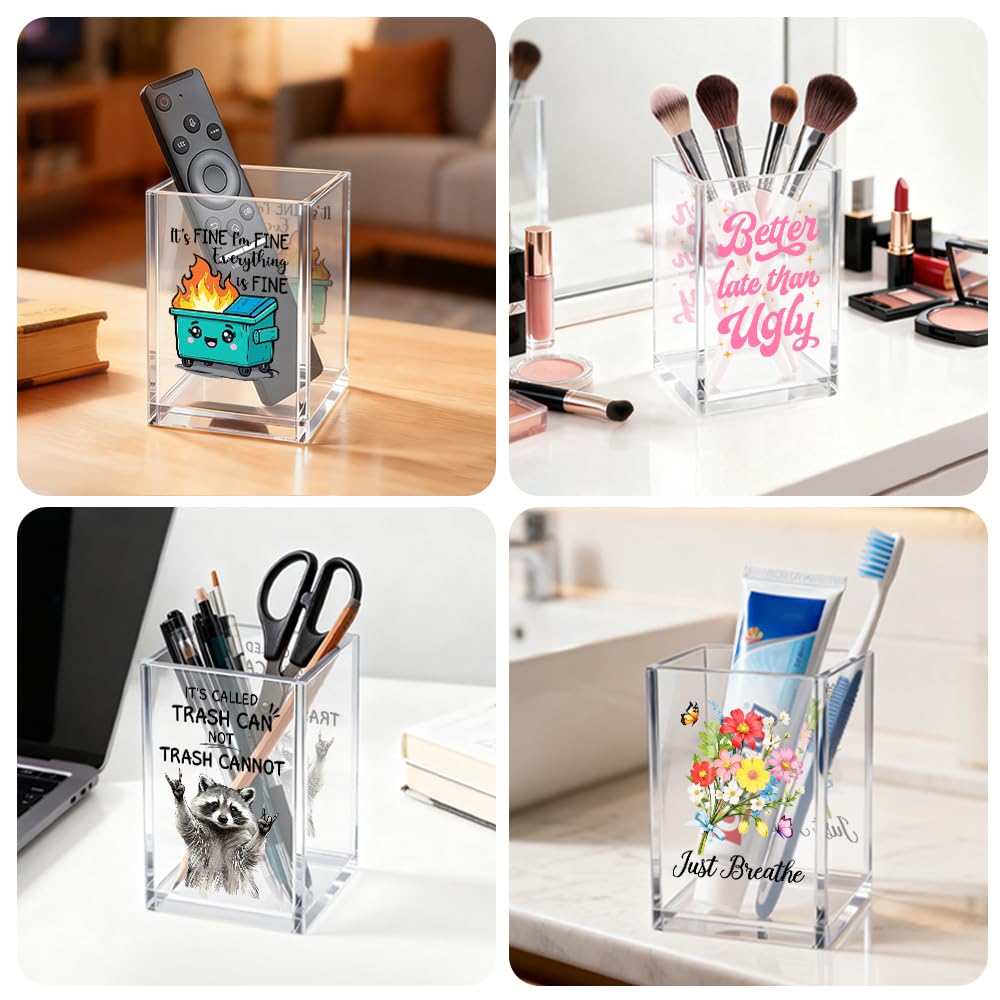Gkodw Everything is Fine Cosmetic Organizer Pen Holder, Acrylic Desk Holder for Pen Pencil, Office Gifts for Coworker, Dumpster Fire Desk Accessory (Transparent44)