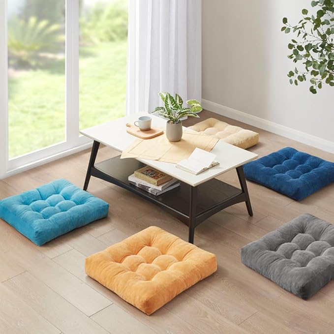 Degrees of Comfort Meditation Floor Pillow Set of 2, Square Large Pillows Seating for Adults, Tufted Corduroy Cushions for Living Room Tatami, Memory Foam Added, Navy Blue, 22x22 Inch