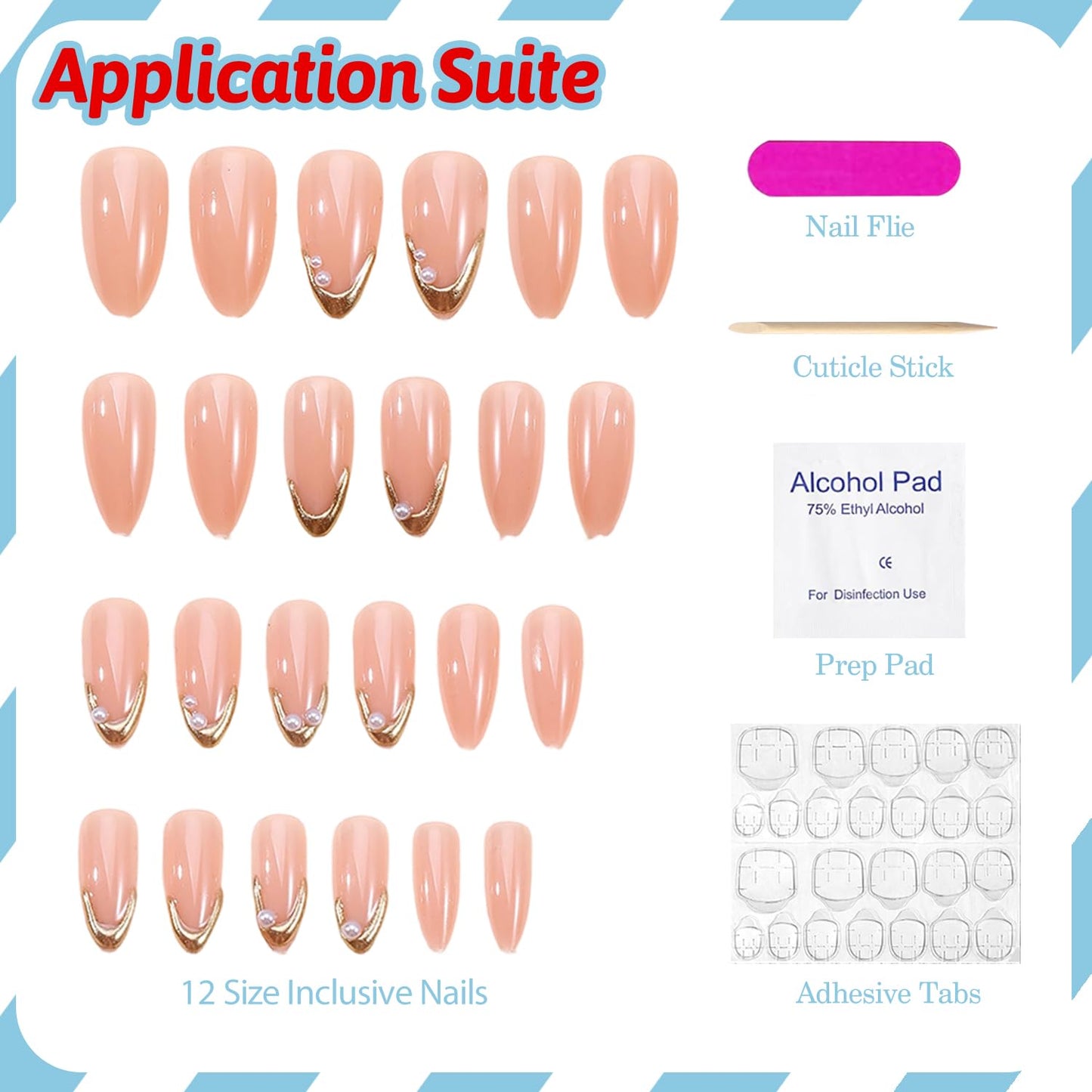 French Tip Press on Nails Almond Medium Fake Nails Elegant False Nails with Pearls Designs Gold Glossy Glue on Nail Full Cover Wedding Acrylic Nails for Women Girls 24Pcs