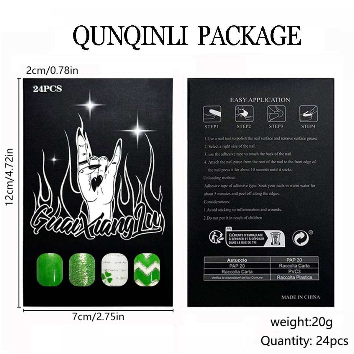 24Pcs St. Patrick's Day Press on Nails Short Square Green Fake Nails with Clover Stripes Designs White Nails Tip Kit Glossy Full Cover Glitter Glue on Nails Reusable Stick on Nails for Women