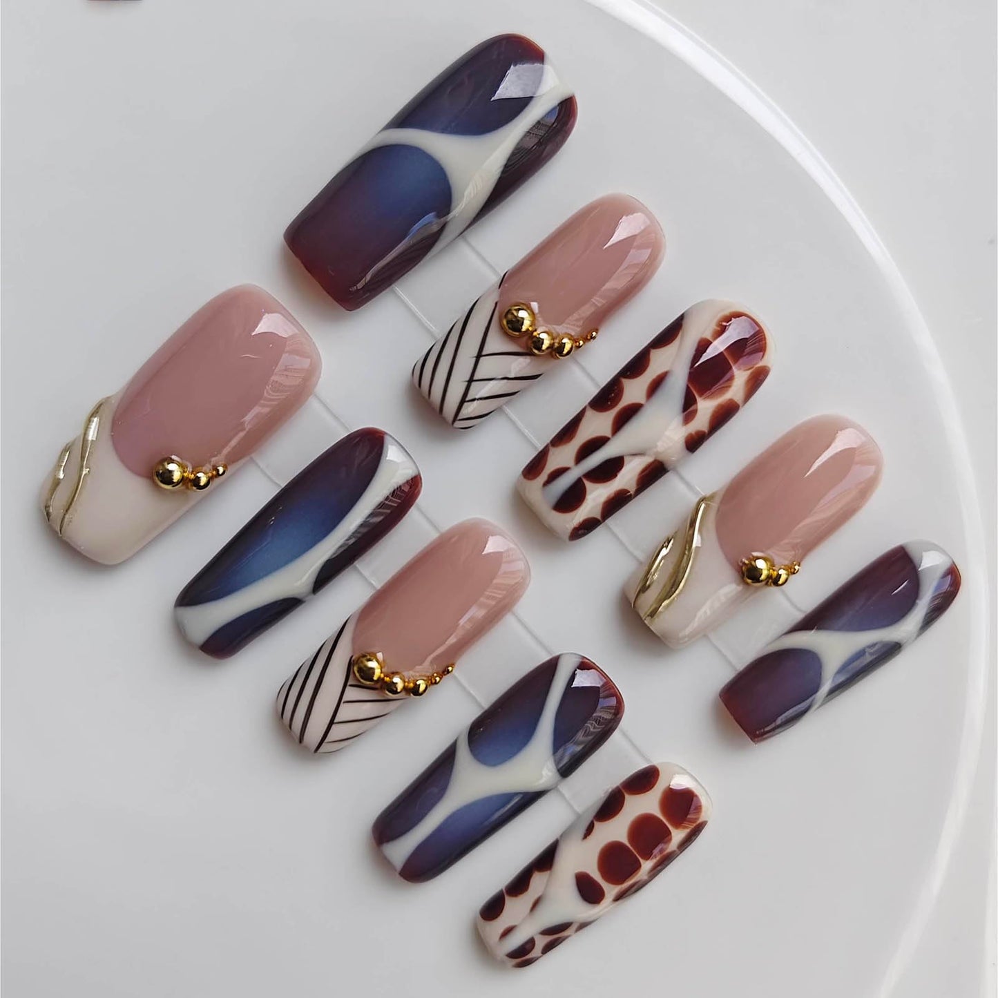 Gleamrain 10pcs Handmade Long Press-on Nails Coffin Shape (M Size) with Designs Nude Press on Nails for Women Suitable for Summer Vacation, Beach Proms, Parties or Daily Wear, D105