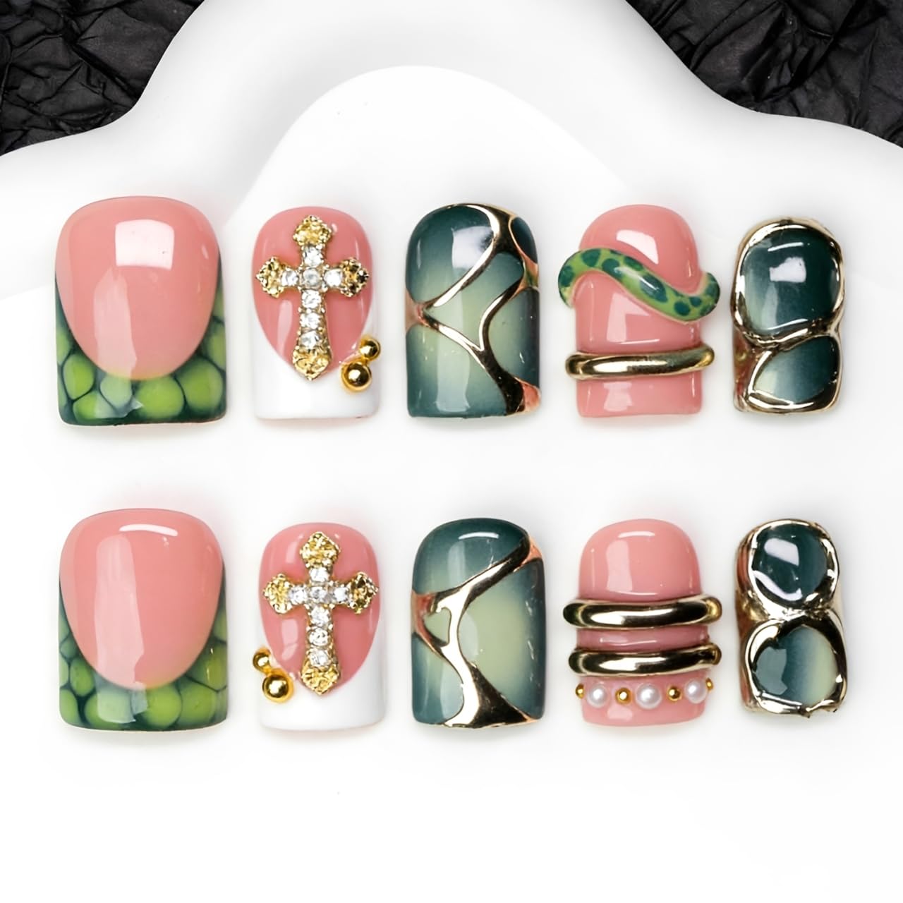 Handmade Square Press on Nails Green French Tip Short Stick on Nail 3D Silver Embossed Designs Luxury Rhinestone Pearl False Nails Muti-Layer Gel Acrylic Nails for Women Manicuare 10 Pcs（S)