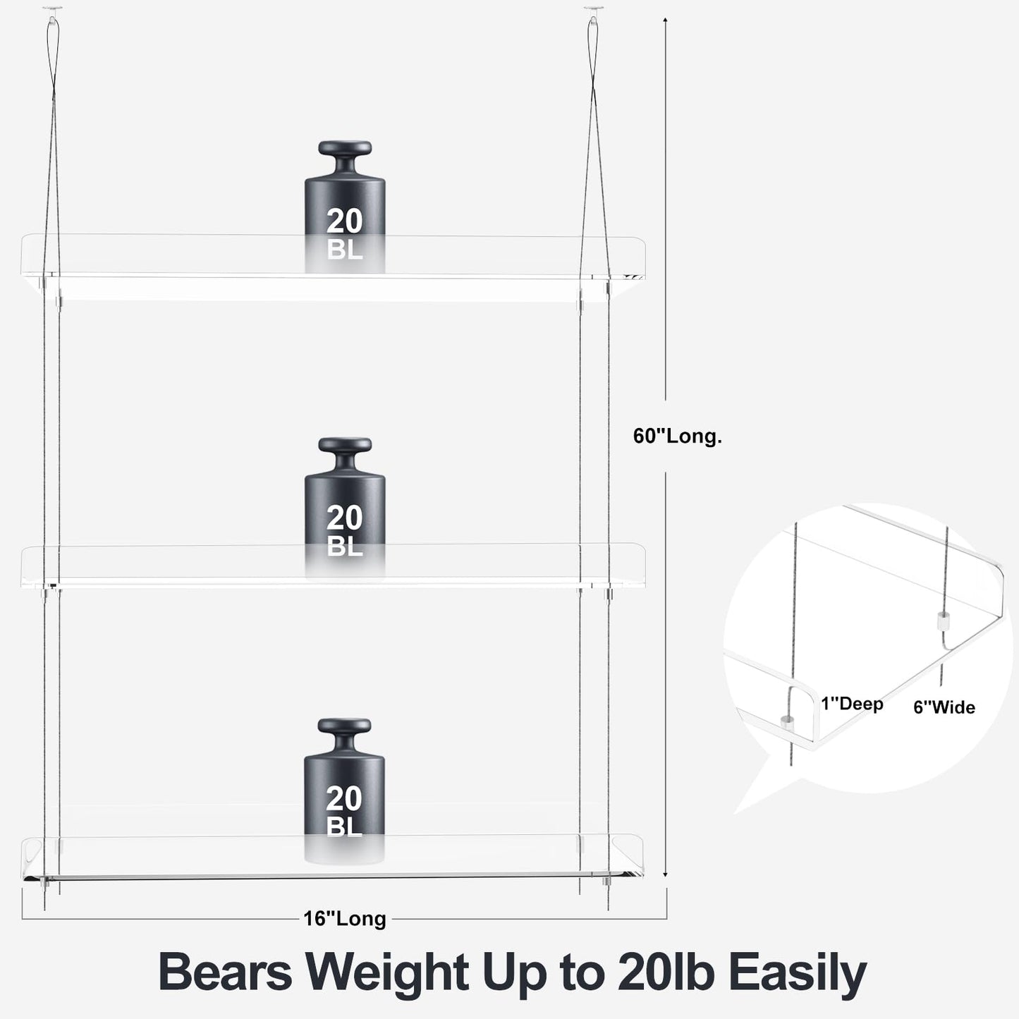ZerzSemp 3-Tier Hanging Clear Plant Shelves for Windows, Acrylic Window Wall Plant Stand Shelf for Kitchen Indoor Gardens, Flower, Herb, Seedling Organization, and Pots Display, 16 Inch per Tier