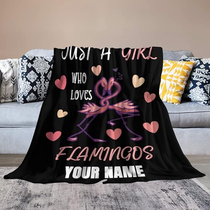 Custom Flamingo Throw Blanket Gifts with Name - 50 x 60 Inches Funny Throws for Teens - Black Fluffy Warm Cozy Blankets for Travel