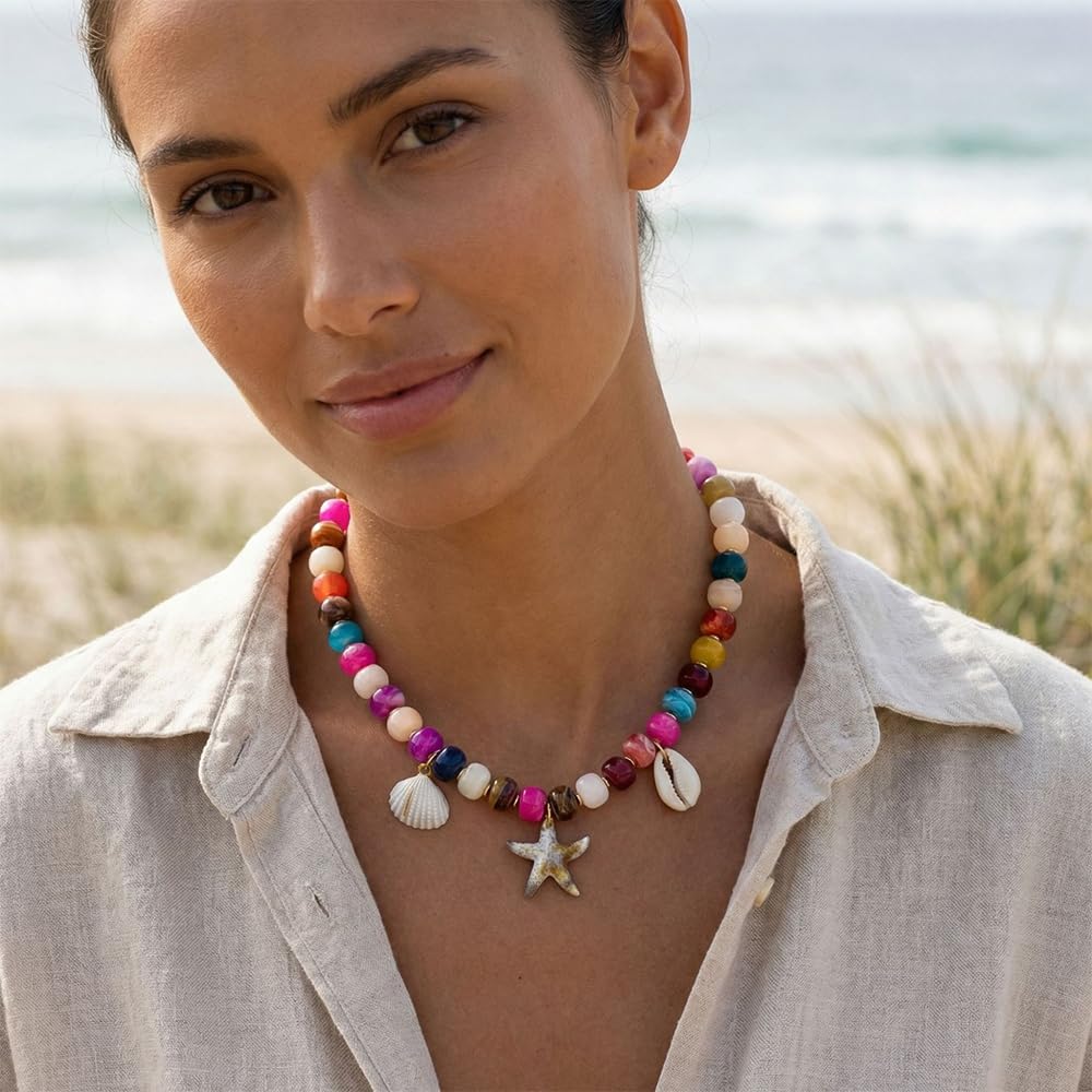 ROYNRAU Chunky Colorful Beaded Necklace for Women-Unique Resin Beads Starfish Shell Charms Pendant Choker Necklaces Boho Statement Summer Vacation Beach Jewelry (Starfish)