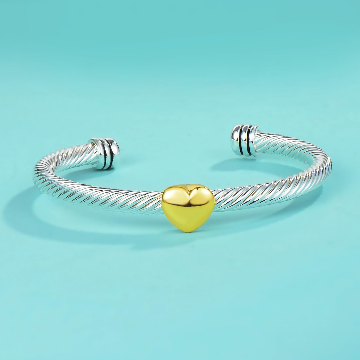 UNY JEWEL Jewelry Two Tone Single Heart Station Twisted Cable Wire Look Alike Cuff Bangle Bracelet Makes a Stylish