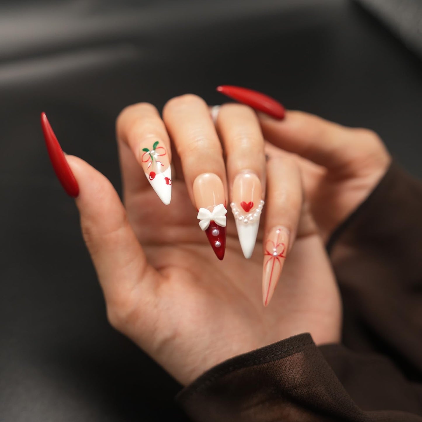 Luxury Handmade Press On Nails for Women,Reusable French Tip Long Almond False Nails, with 3D Red Bow & Cherry Pearls, Salon Quality Multilayer Gel Acrylic Fake Nails (10pcs) S SIZE