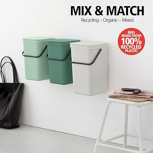 Brabantia Sort & Go Kitchen Recycling Bin | S / 4.2 Gal / 16L | Jade Green | Removable Stay-Open Lid, Carry Handle | Trash Can for Bottles, Cans, Paper, Glass | Wall-Mounting Bracket Included